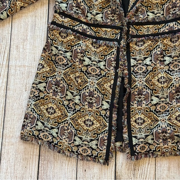 Chico’s Tapestry Jacquard Topper Coat Size 8/10 Fringe-Trim Baroque Brown Tan - Picture 3 of 15